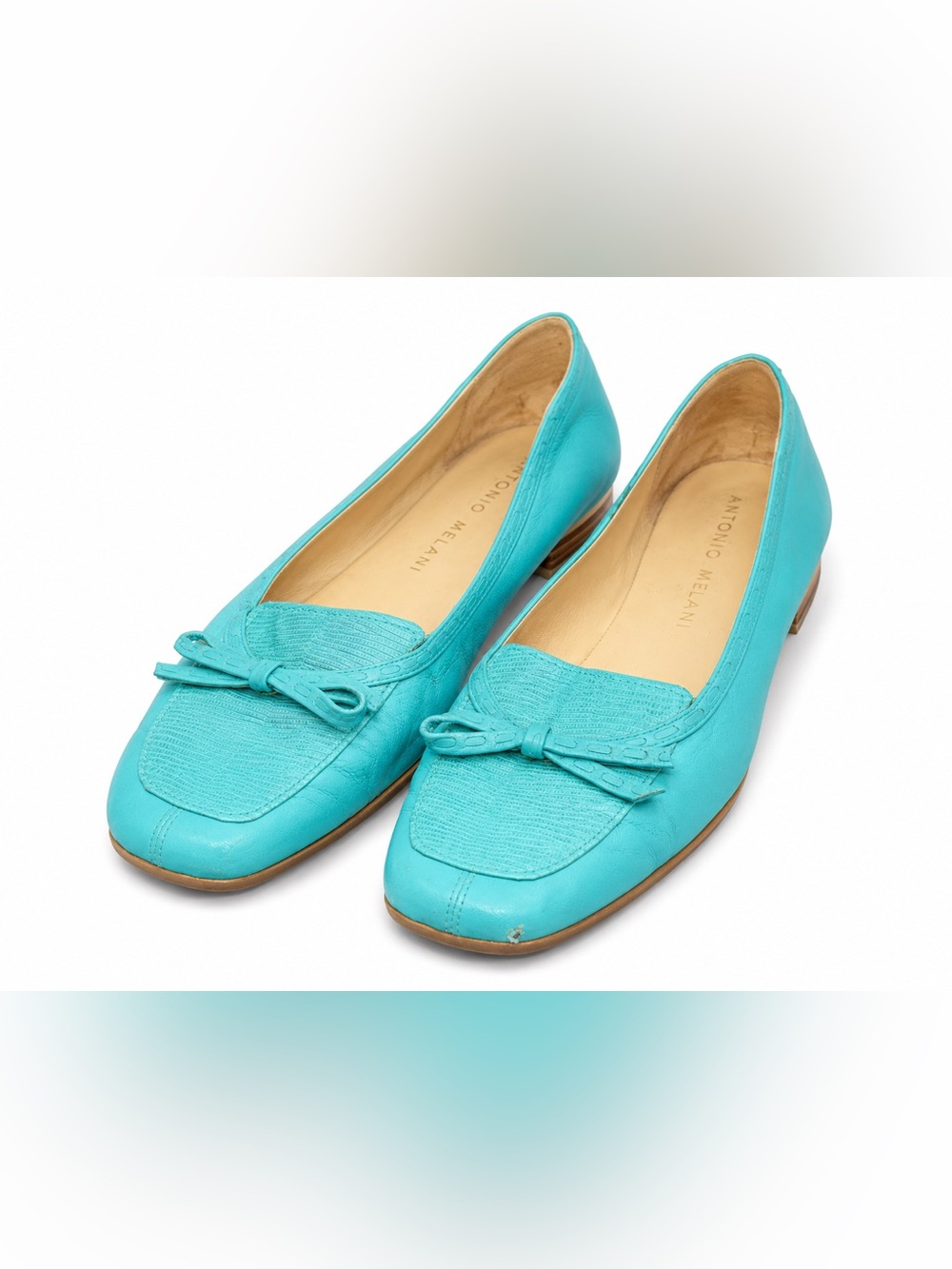 Antonio Melani Turquoise Leather‎ Ballet Flats Coastal Grandmillennial Bow Sz 9